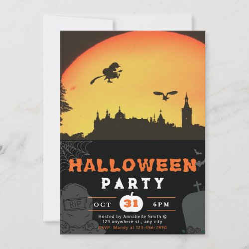 Full Moon Flying Witch Town Black Halloween Invitation