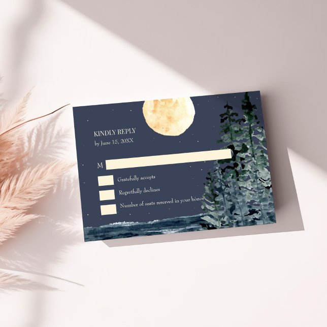 Full Moon Forest and Lake RSVP Card (Full Moon Forest and Lake RSVP Card on a white table with dry flowers.)