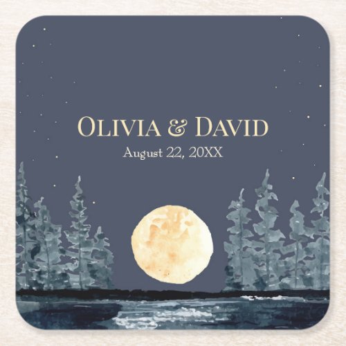 Full Moon Forest and Lake Wedding Napkins Square Paper Coaster