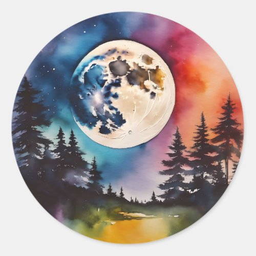 Full Moon Forest Watercolor Landscape Classic Round Sticker