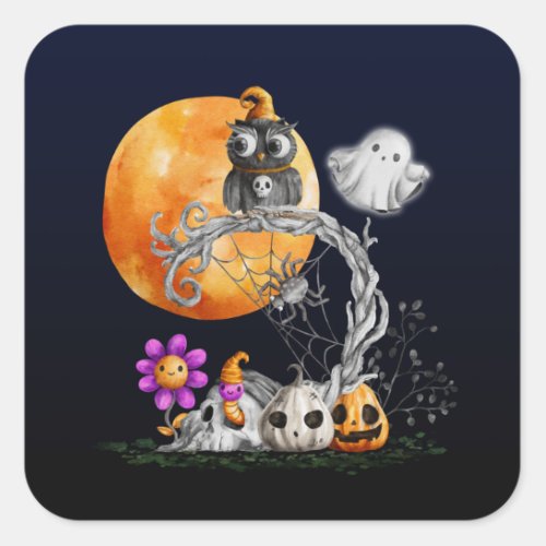 Full Moon Ghost Owl Pumpkins Halloween Square Sticker