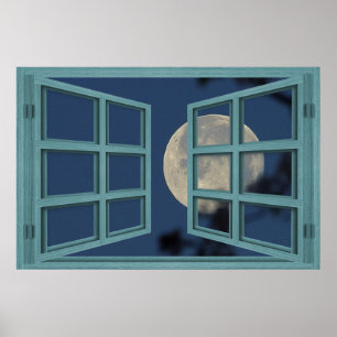 Full Moon Green 6 Pane Open Window Poster