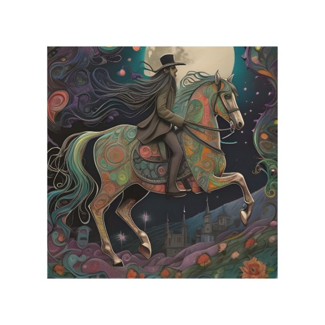 Full Moon Halloween Horseback Rider Wood Wall Art (Front)