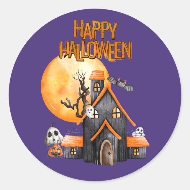 Full Moon Happy Halloween   Classic Round Sticker (Front)