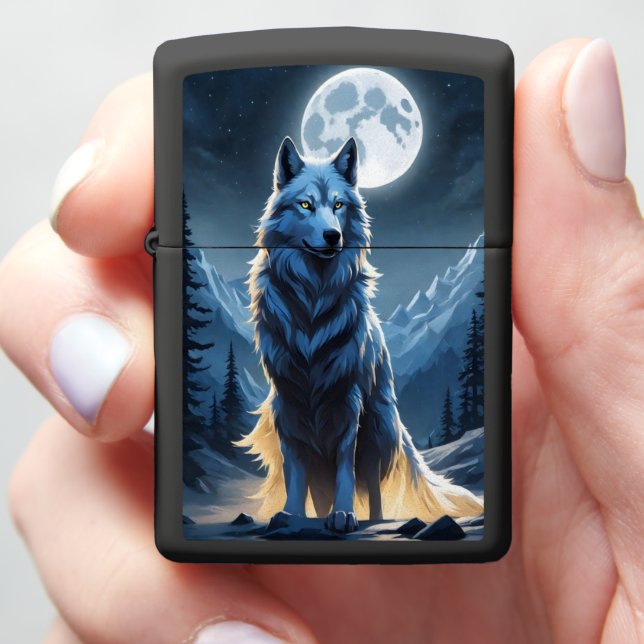 Full Moon Highlights Howling Wolf Zippo Lighter (In Hand)