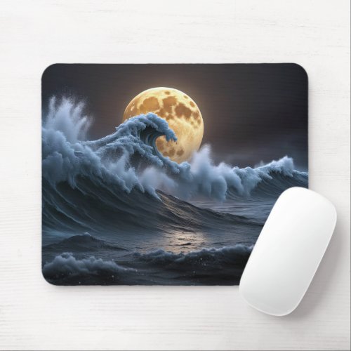Full Moon In Ocean Wave Mouse Pad
