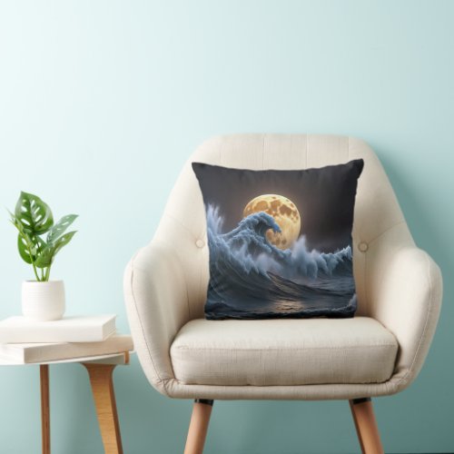 Full Moon In Ocean Wave Throw Pillow