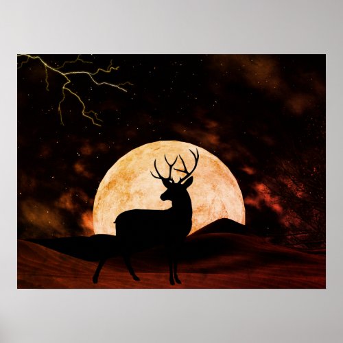 Full Moon Lightning and Silhouette Buck Poster