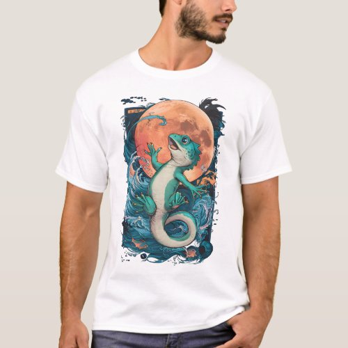 Full Moon Lizard _ Japanese Retro Style T_Shirt