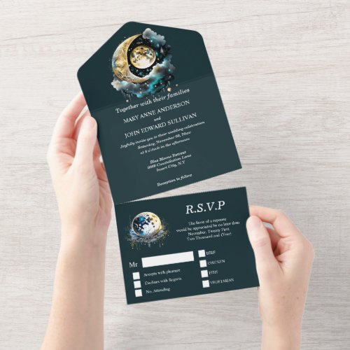 Full moon luna sky starry night black teal chic all in one invitation