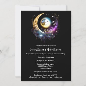 Full Moon Magenta Black Celestial Starry Night Invitation by mensgifts at Zazzle