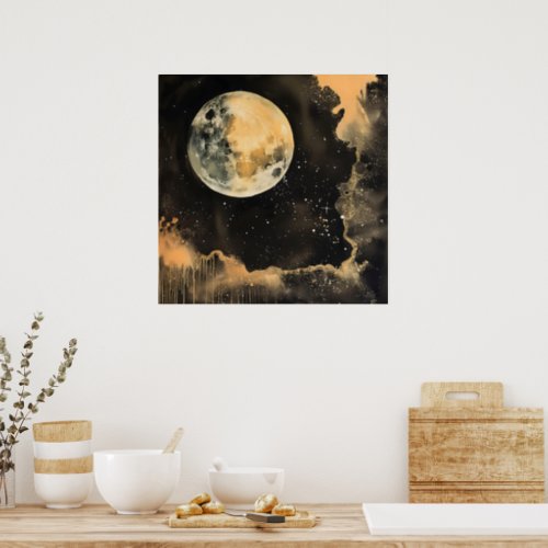 Full Moon MagicK Gold Black Wabi Sabi Art Picture Poster