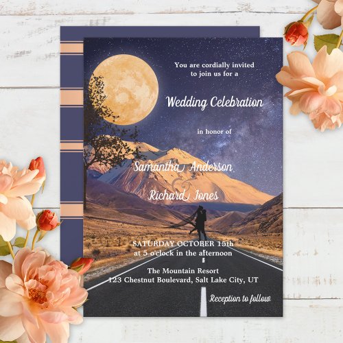 Full Moon Mountains Starry Night Wedding Invitation