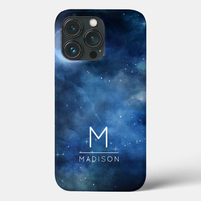 Full Moon Navy Blue Galaxy Sky Celestial Monogram Case-Mate iPhone Case (Back)