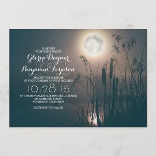Full moon night dragonfly & water grass wedding invitation