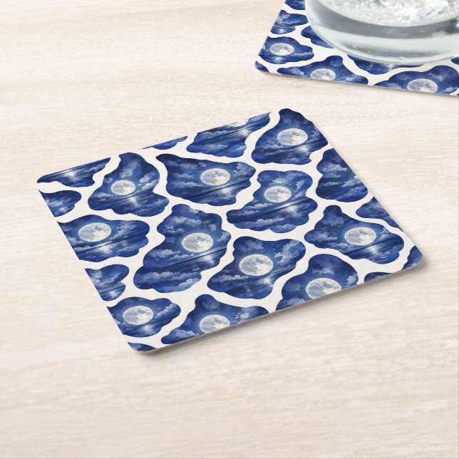 Full Moon Ocean Night Square Paper Coaster (Angled)