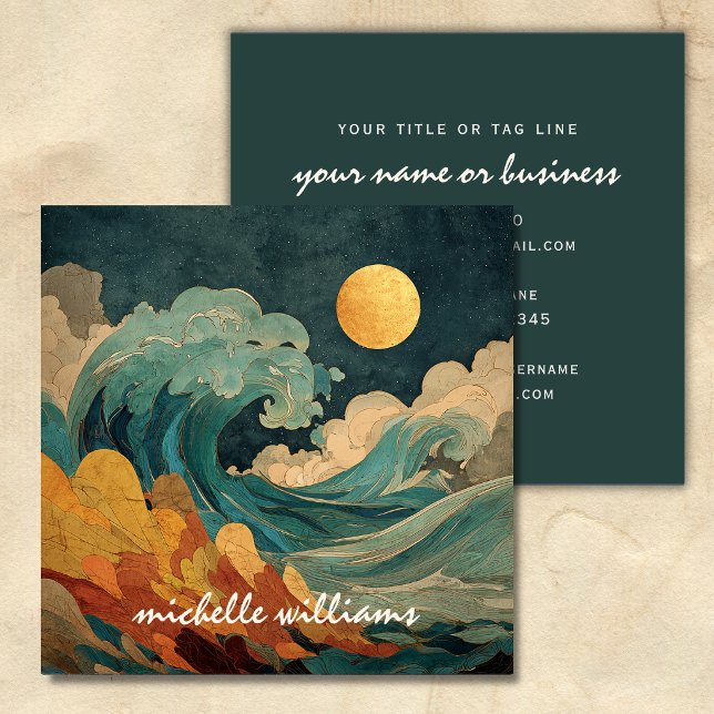 Full Moon Ocean Waves – Abstract Coastal Beach Square Business Card (Full Moon Ocean Waves – Abstract Coastal Beach Square Business Card)