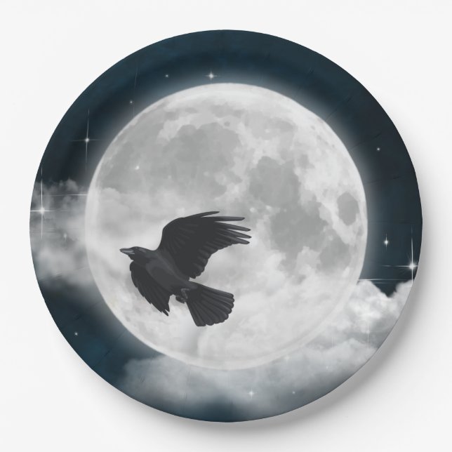 Full Moon on Blue Suede with Raven Paper Plates (Front)