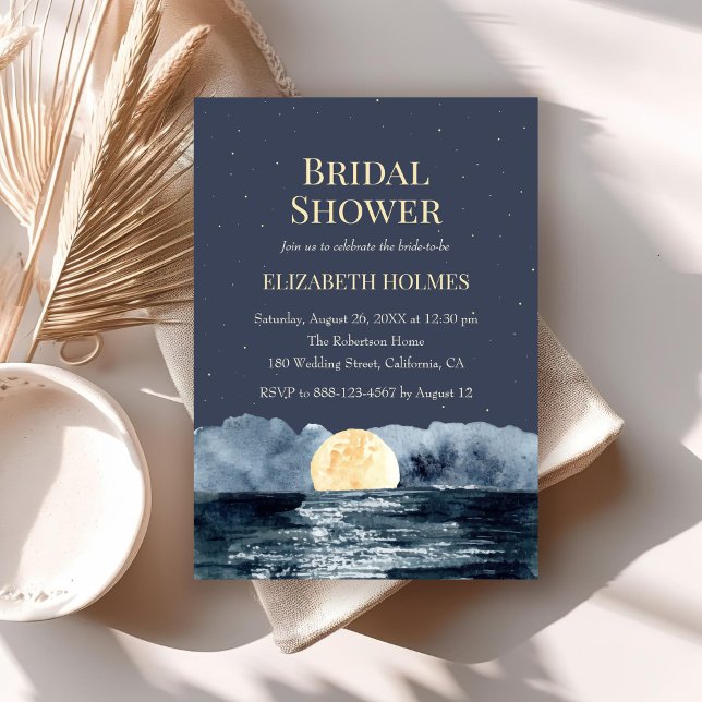 Full Moon on Lake Bridal Shower Invitation (Full Moon on Lake Bridal Shower Invitation on a boho table.)
