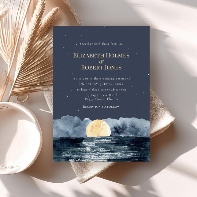Full Moon on Lake Wedding Invitation (Full Moon on Lake Wedding Invitation on a boho table.)