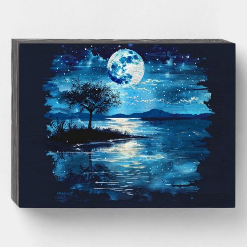 Full Moon Over a Lake Wooden Box Sign