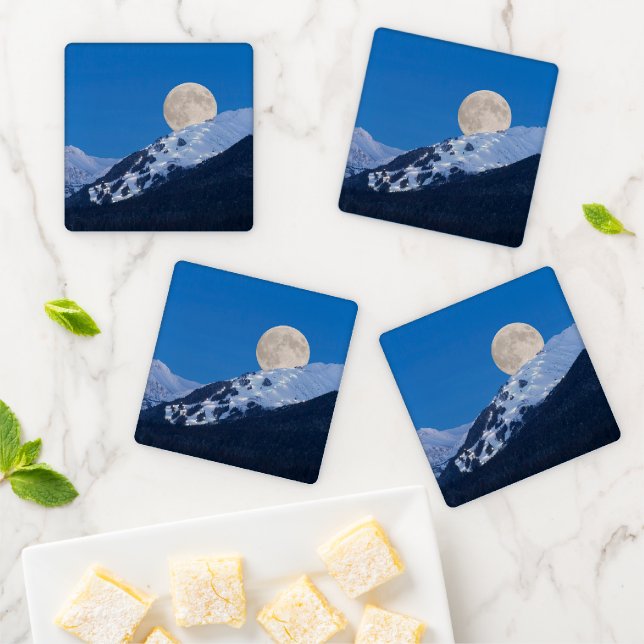 Full Moon Over Alyeska Ski Resort, Alaska Coaster Set (In Situ)