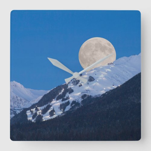 Full Moon Over Alyeska Ski Resort Alaska Square Wall Clock
