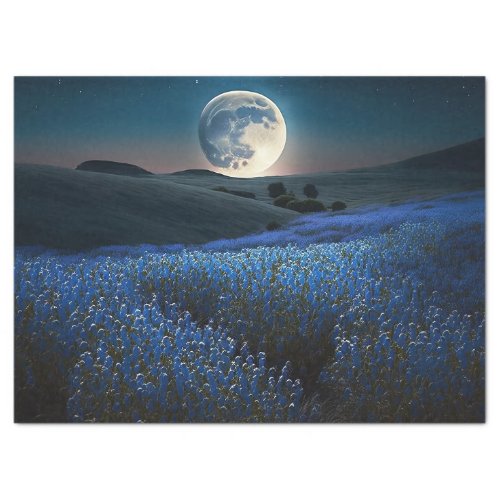 Full Moon over Blue Field of Flowers Decoupage Tissue Paper