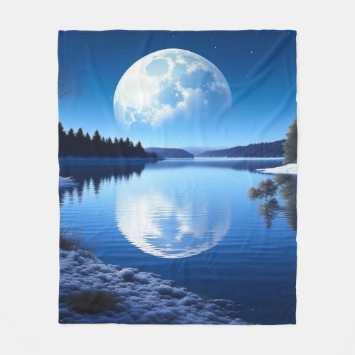Full Moon Over Frozen Lake Fleece Blanket