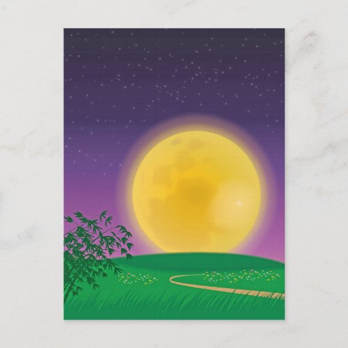 Full Moon over Hill Landscape with Starry Sky Postcard
