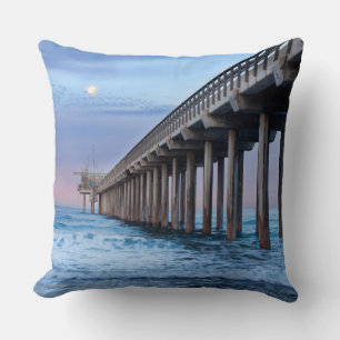 Full moon over pier, California Throw Pillow