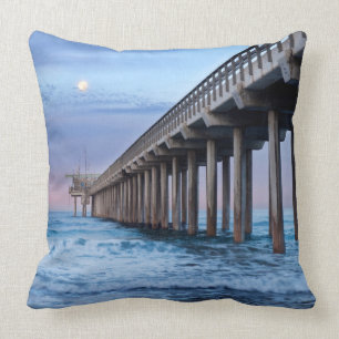 Full moon over pier, California Throw Pillow