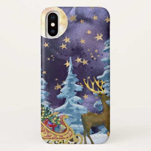 Full Moon Over Reindeer With Sleigh iPhone X Case