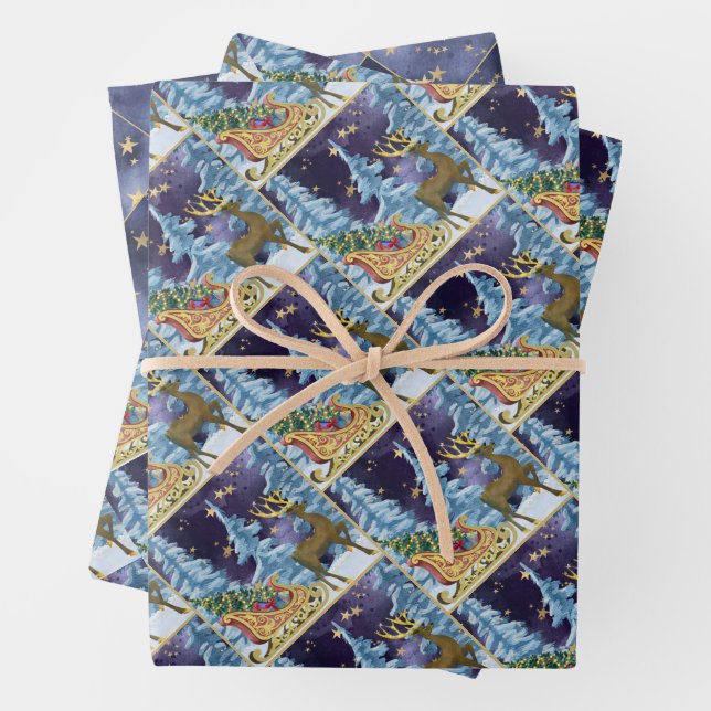 Full Moon Over Reindeer With Sleigh Wrapping Paper Sheets (In situ)