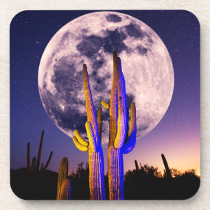 Full Moon Over Saguaro Cactus Beverage Coaster