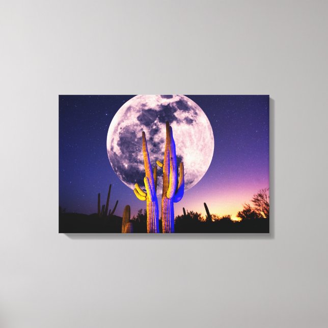 Full Moon Over Saguaro Cactus Canvas Print (Front)