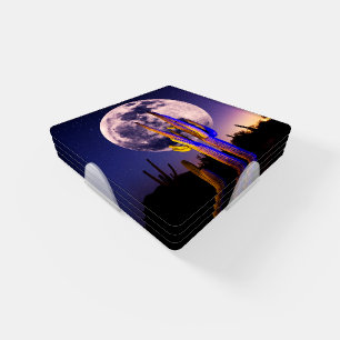 Full Moon Over Saguaro Cactus Coaster Set