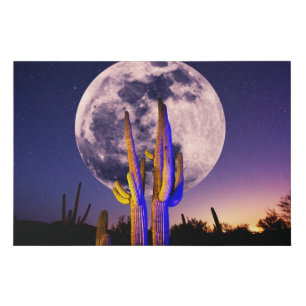 Full Moon Over Saguaro Cactus Faux Canvas Print