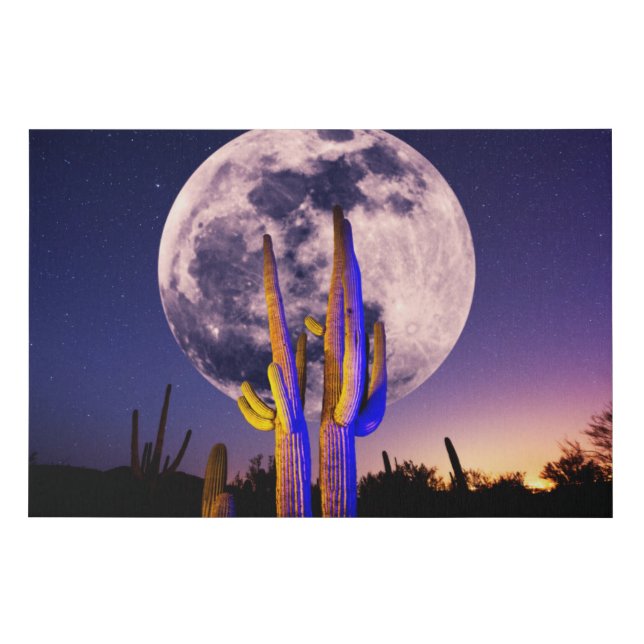 Full Moon Over Saguaro Cactus Faux Canvas Print (Front)