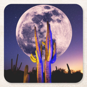 Full Moon Over Saguaro Cactus Square Paper Coaster