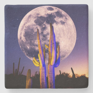 Full Moon Over Saguaro Cactus Stone Coaster