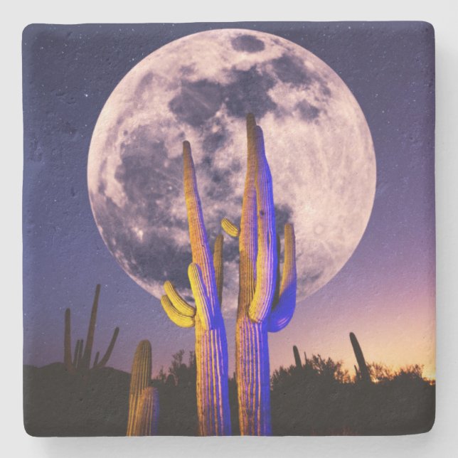 Full Moon Over Saguaro Cactus Stone Coaster (Front)