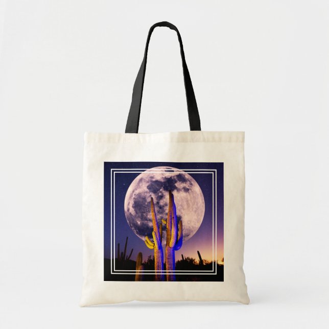 Full Moon Over Saguaro Cactus Tote Bag (Front)