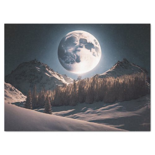 Full Moon over Snow Mountain of Trees Decoupage Tissue Paper