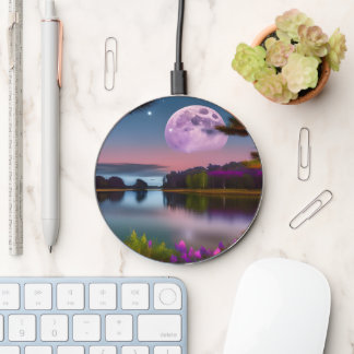 Full moon over water reflecting purple flowers wireless charger