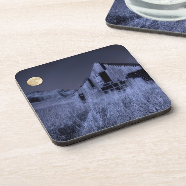 Full Moon Overhead | Old Weathered Barn Beverage Coaster (Left Side)