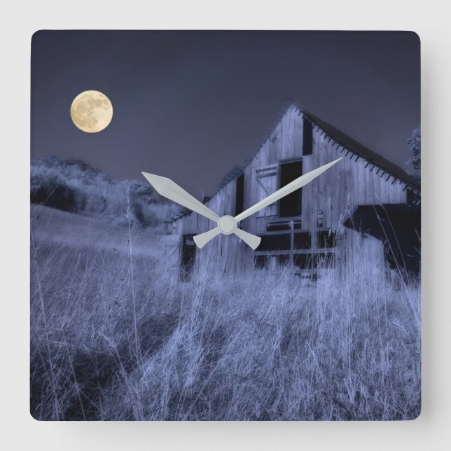 Full Moon Overhead | Old Weathered Barn Square Wall Clock (Front)