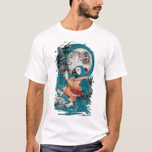 Full Moon Parrot _ Japanese Retro Style T_Shirt