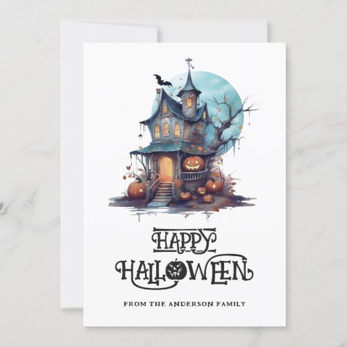Full Moon Pumpkins Haunted House Halloween Card