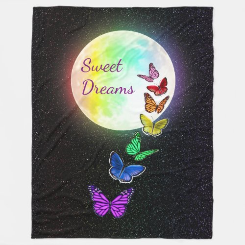 Full Moon  Rainbow Butterflies Sweet Dreams Fleece Blanket